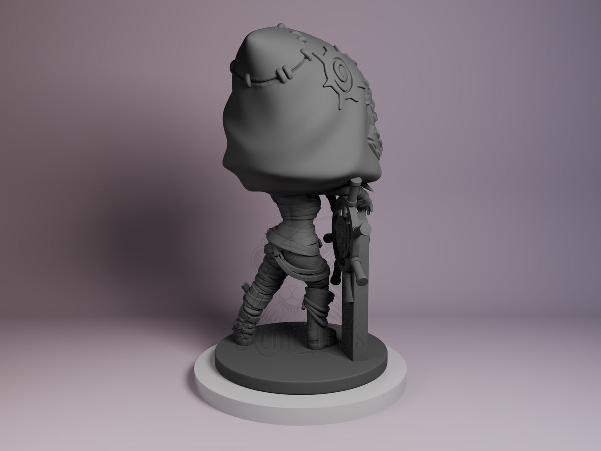 Jinx resin Chibi figure from Arcane, back view, showing unpainted gray resin with wrapped legs and gun detail on circular base.