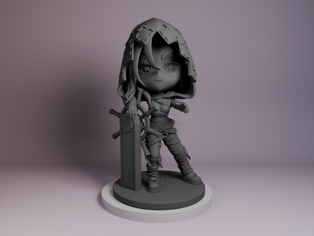Jinx resin Chibi figure from Arcane, unpainted gray prototype shown front-facing on white base, holding weapon, detailed costume and hair sculpting visible.