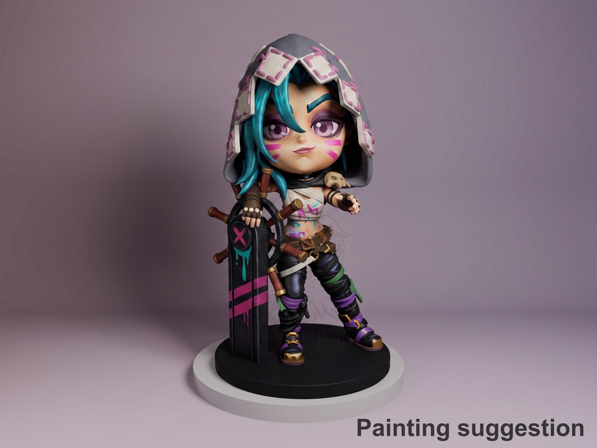 Jinx from Arcane resin Chibi figure standing on black base, teal hair with pink accents, purple eyes, holding minigun, fully painted with vibrant costume details.