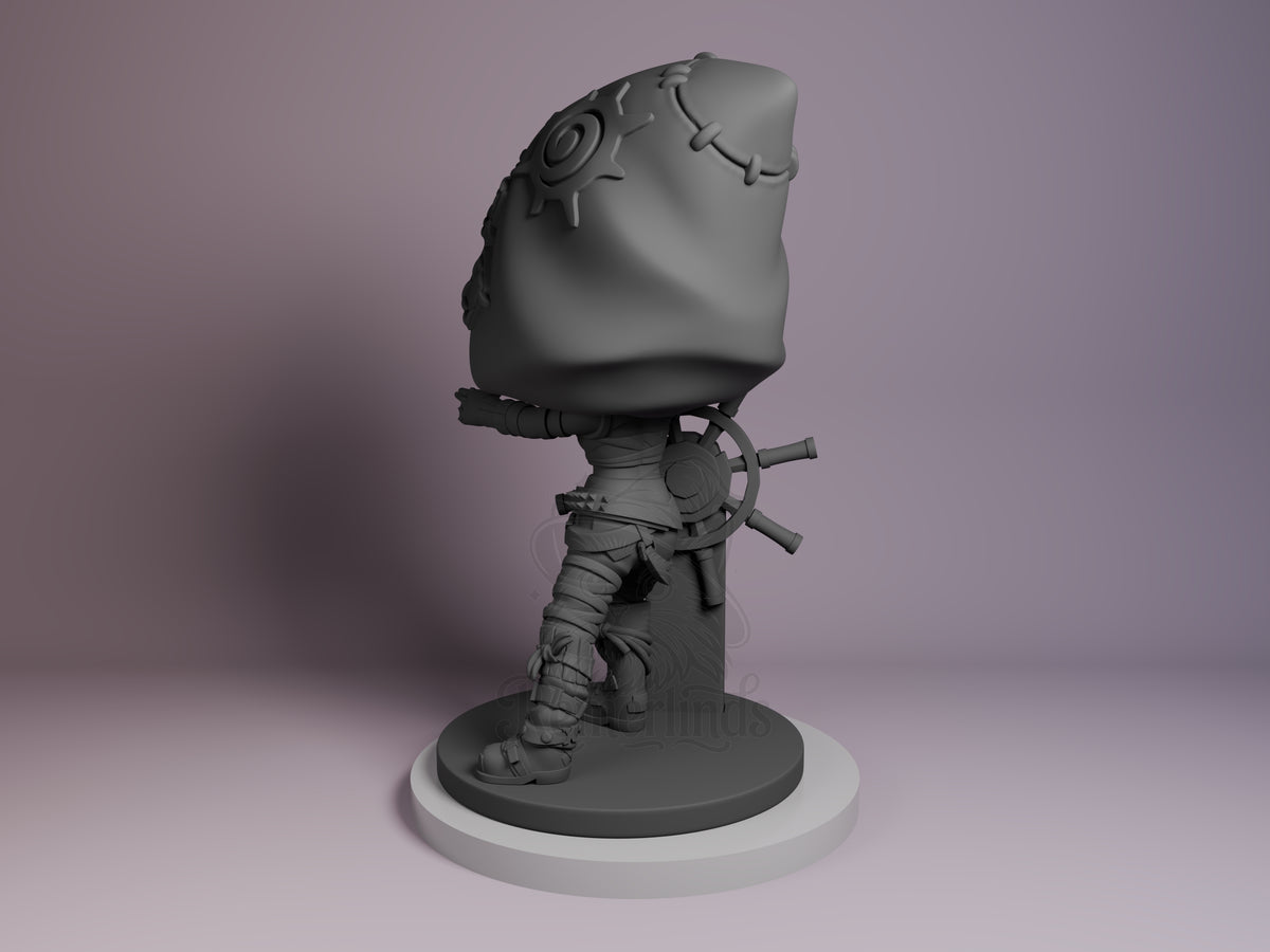 Jinx resin Chibi figure from Arcane, unpainted gray prototype shown from left side on white base, chibi proportions with oversized head and mechanical details visible.