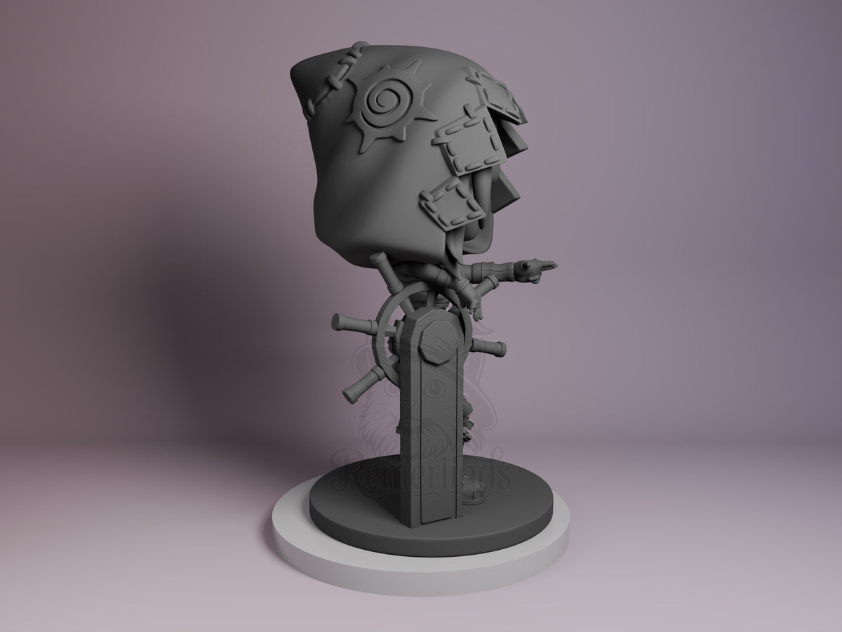 Jinx resin Chibi figure from Arcane in profile view, unpainted gray, seated on steering wheel base with detailed facial features and mechanical elements.
