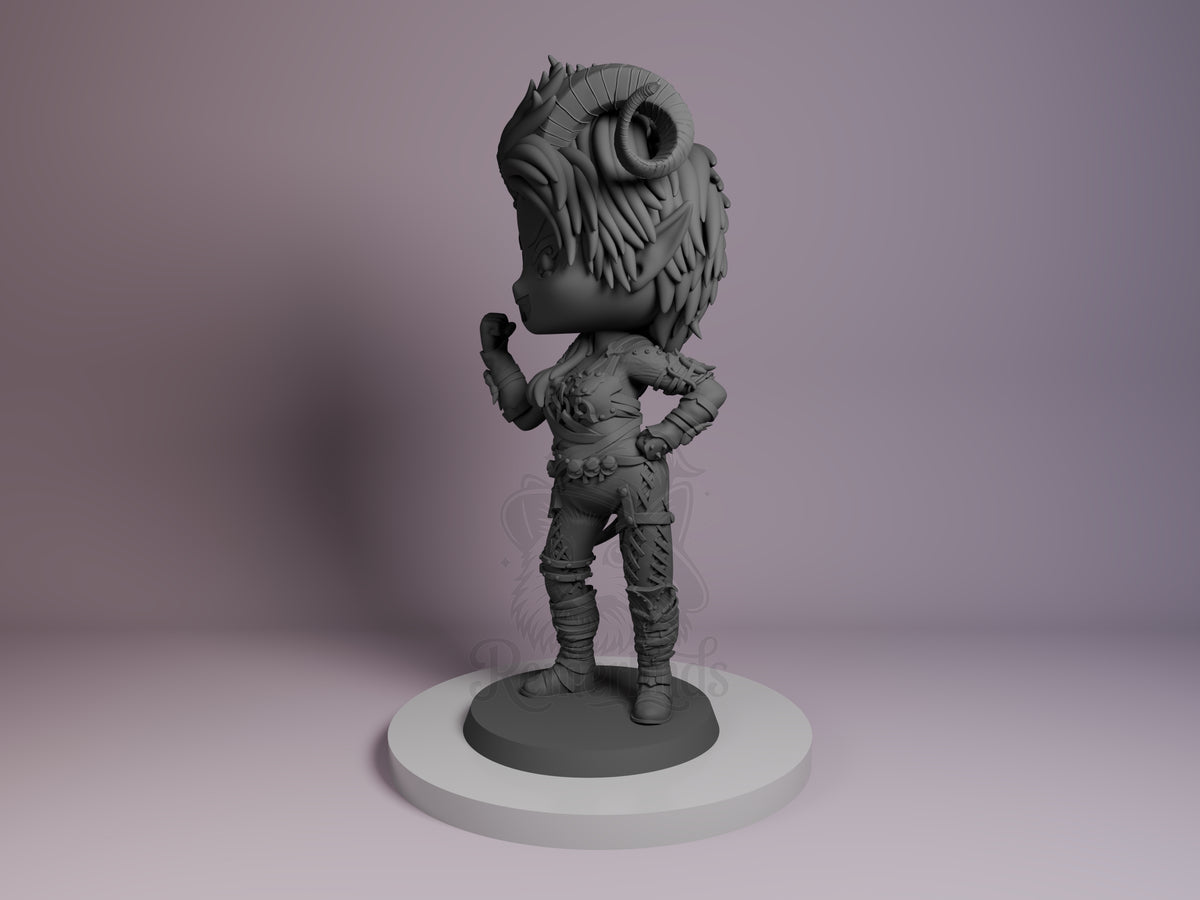 Karlach resin Chibi figure from Baldur's Gate, unpainted gray, shown from side angle with hands on hips on white base.