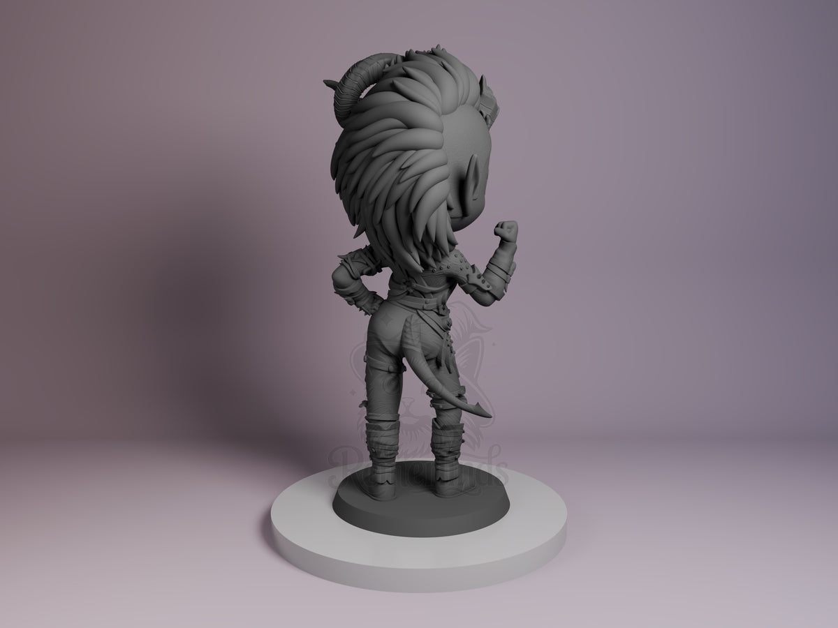 Karlach resin Chibi figure from Baldur's Gate shown from back view, featuring flowing hair and armored body with raised fists on white base, unpainted gray prototype.
