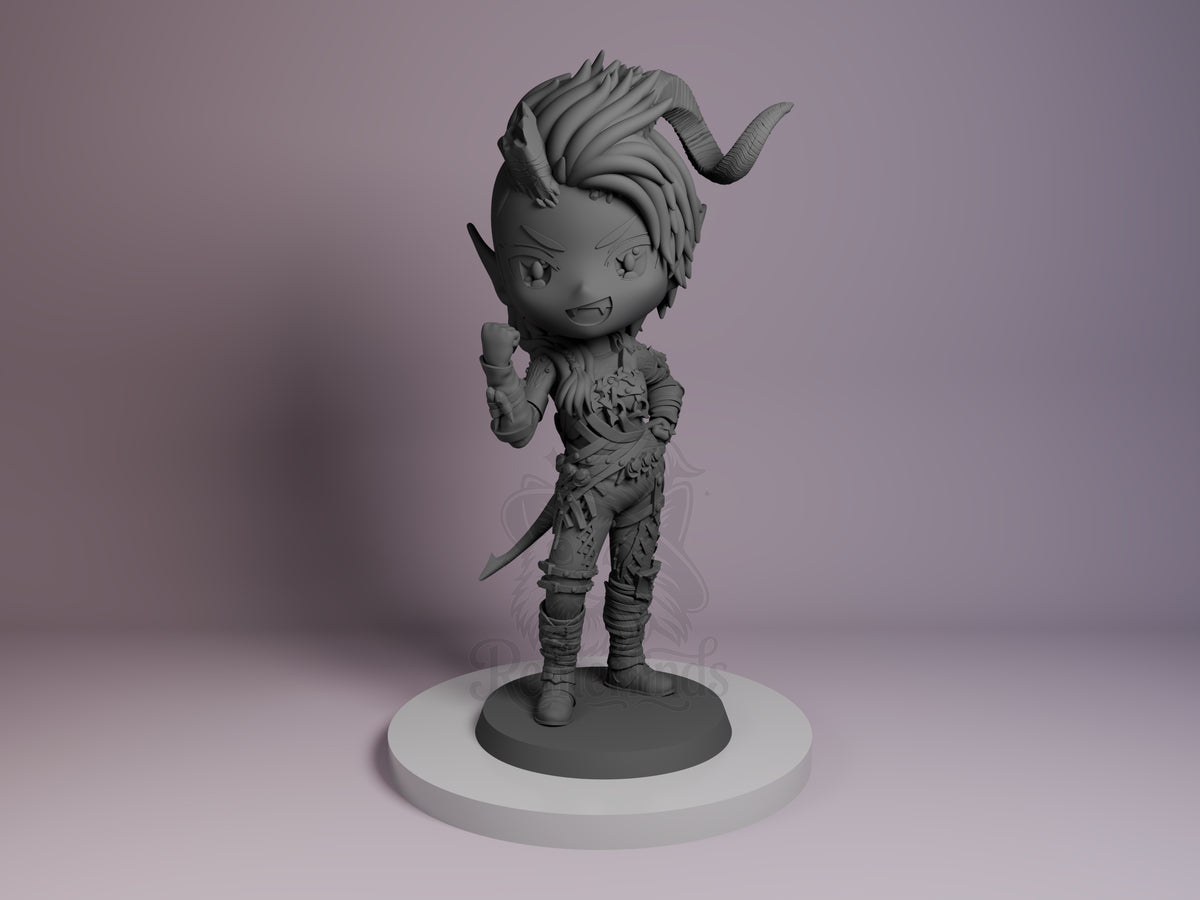 Karlach resin Chibi figure from Baldur's Gate, unpainted grey sculpt, front view showing horns, armored torso, and tail on white base.