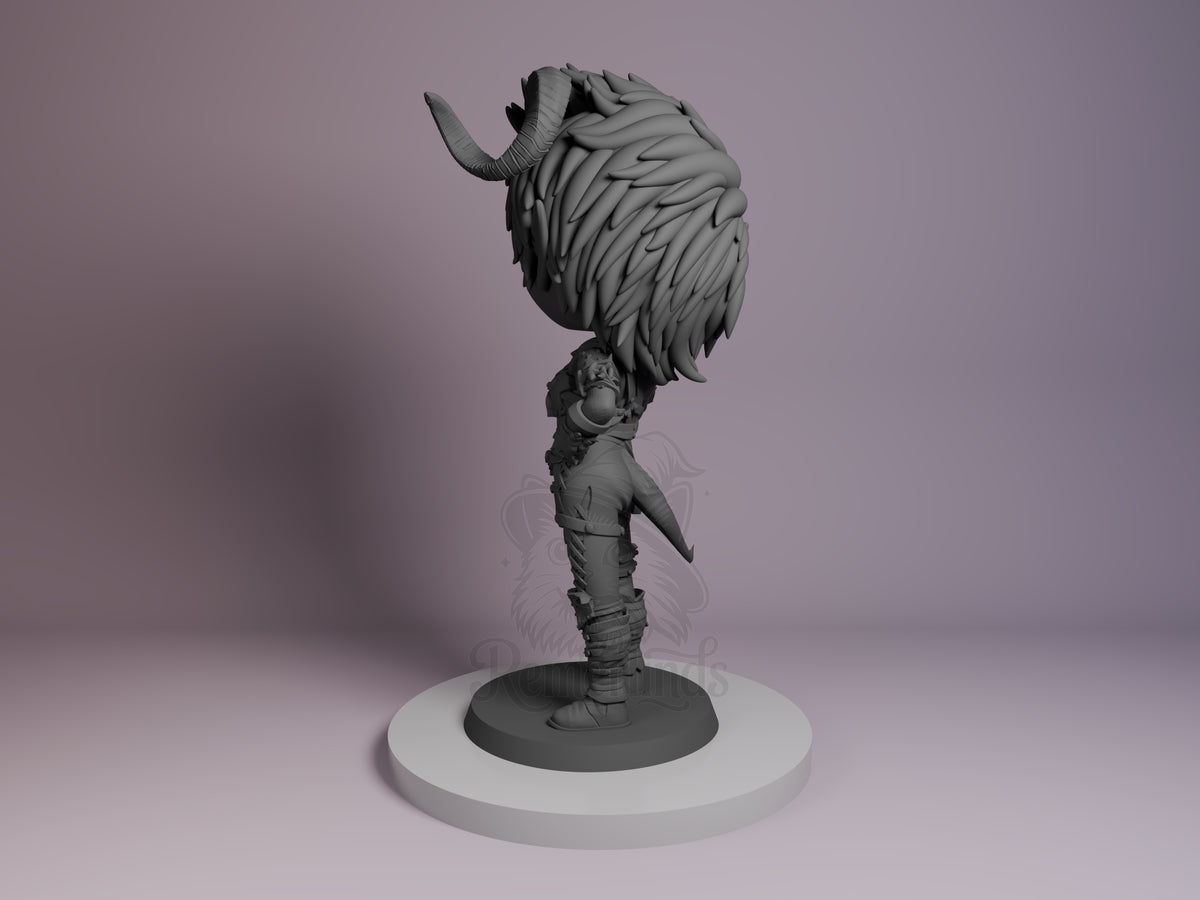 Karlach resin Chibi figure from Baldur's Gate shown from left angle on white base, unpainted grey with detailed wings and armor, dynamic upright pose.