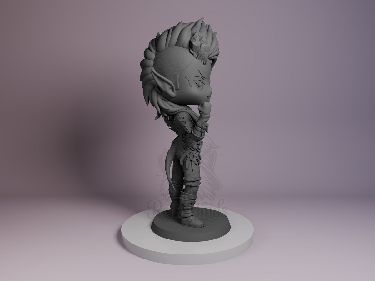Karlach resin Chibi figure from Baldur's Gate shown in right profile, unpainted gray detail on white base, featuring spiky hair and armored torso.