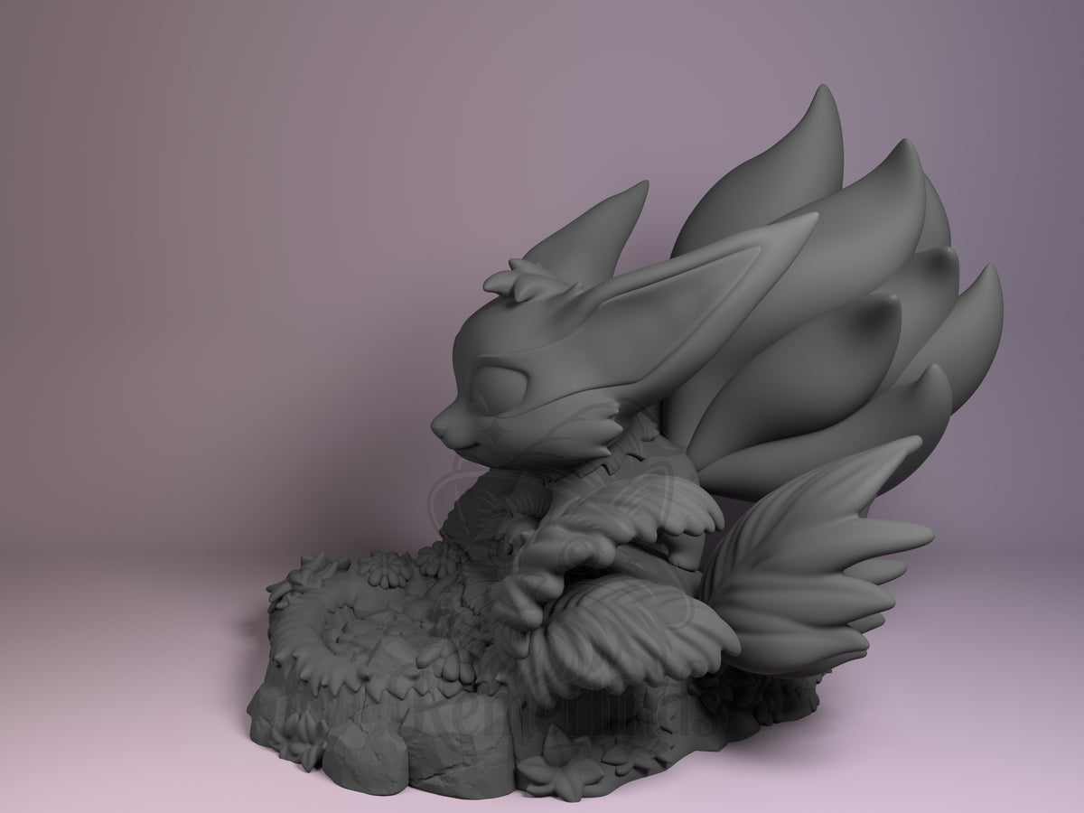 generic nine-tailed fox Ninja Anime 3D printed resin figure by Nomnom, angled view showing dimensional details.