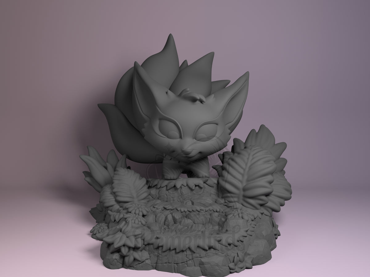 Front view of a generic nine-tailed fox from Ninja Anime, unpainted resin Chibi figure on a floral base.