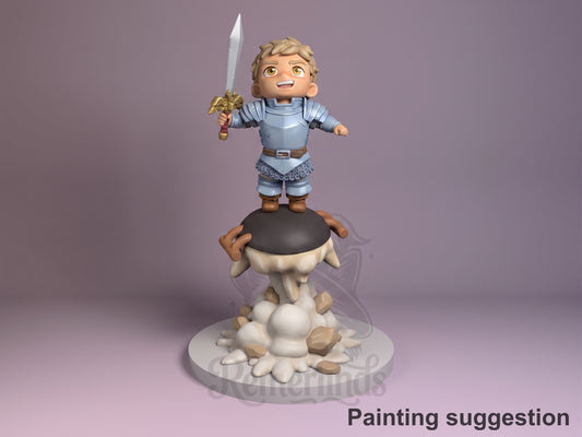 Painted Laios Touden from Delicious in Dungeon is a resin Chibi figure holding a sword atop a creature base.
