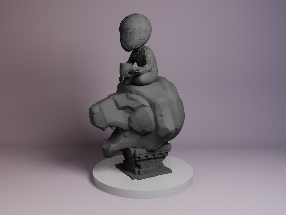 Webbed Guardian Spiderman 3D printed resin Chibi figure by Nomnom, angled view showing dimensional details.