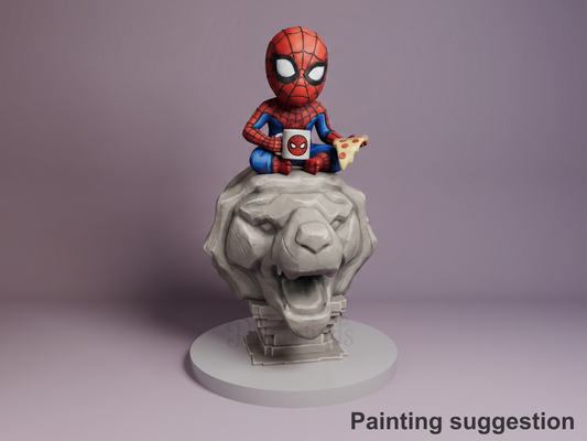 Webbed Guardian Spiderman 3D printed resin Chibi figure by Nomnom, colored view.