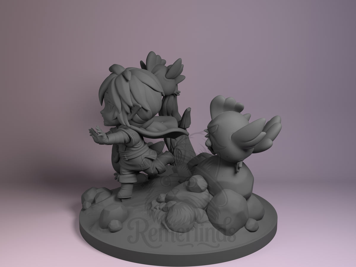 Lync Tales of Daelz 3D printed resin Chibi figure by Nomnom, angled view showing dimensional details.