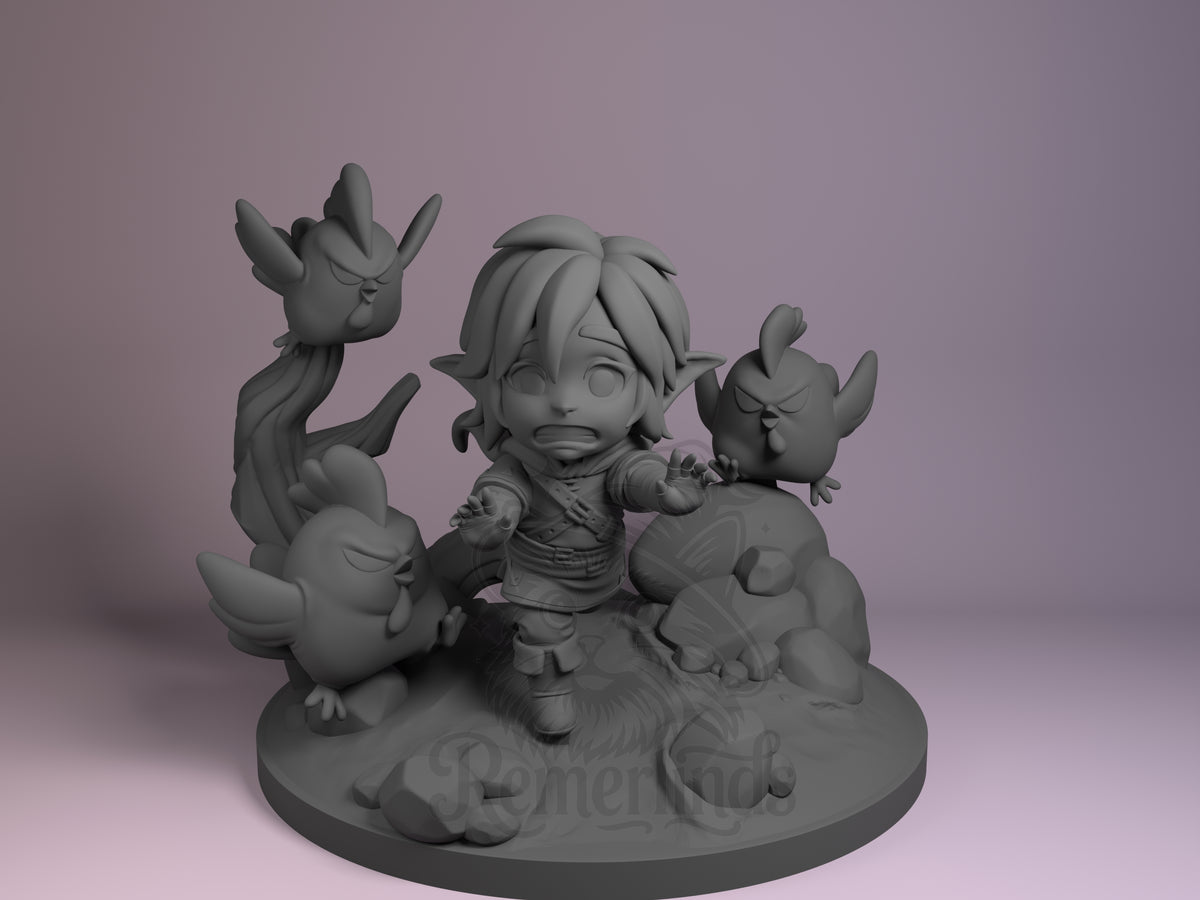 Lync Tales of Daelz 3D printed resin Chibi figure by Nomnom, unpainted front view. The 3D printed resin miniature depicts a chibi character named Lync from Tales of Daelz in a dynamic, action-oriented pose with arms extended forward. The character is surrounded by three animated, angry-looking birds perched on rocks and a twisted wood element that complements the environment. The base is detailed with natural elements like rocks, enhancing the adventurous and whimsical theme of the figure.