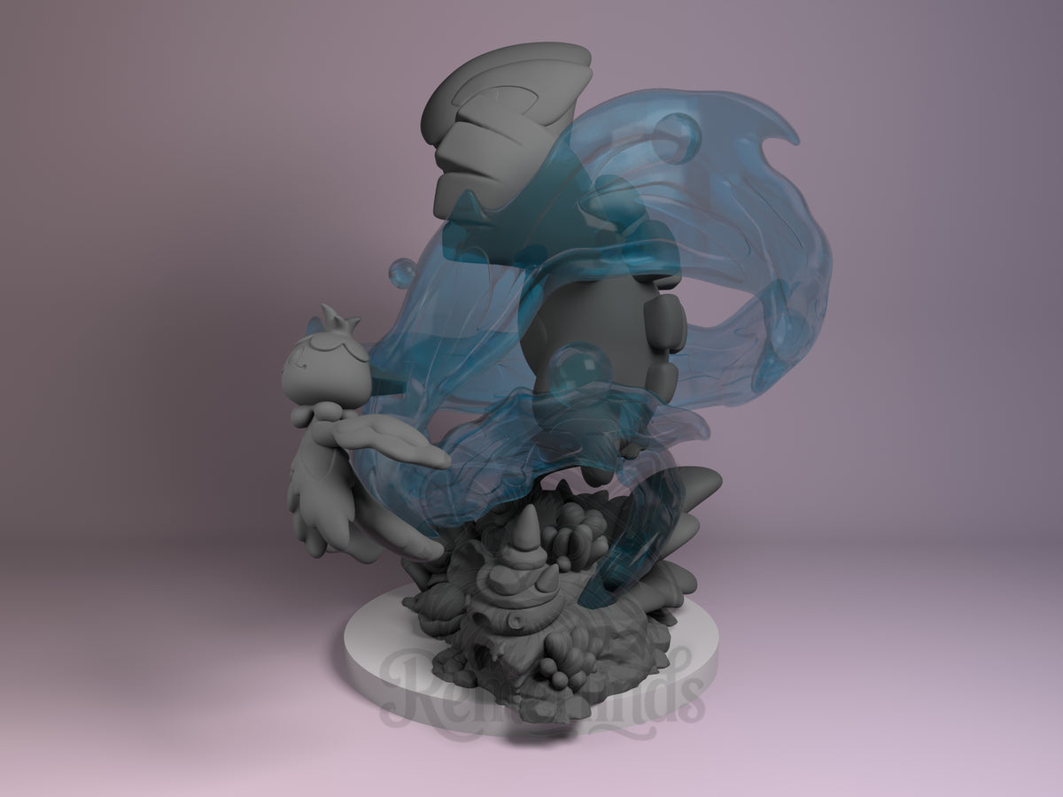 Lugia Pocket Specters 3D printed resin Chibi figure by Nomnom, angled view showing dimensional detail.