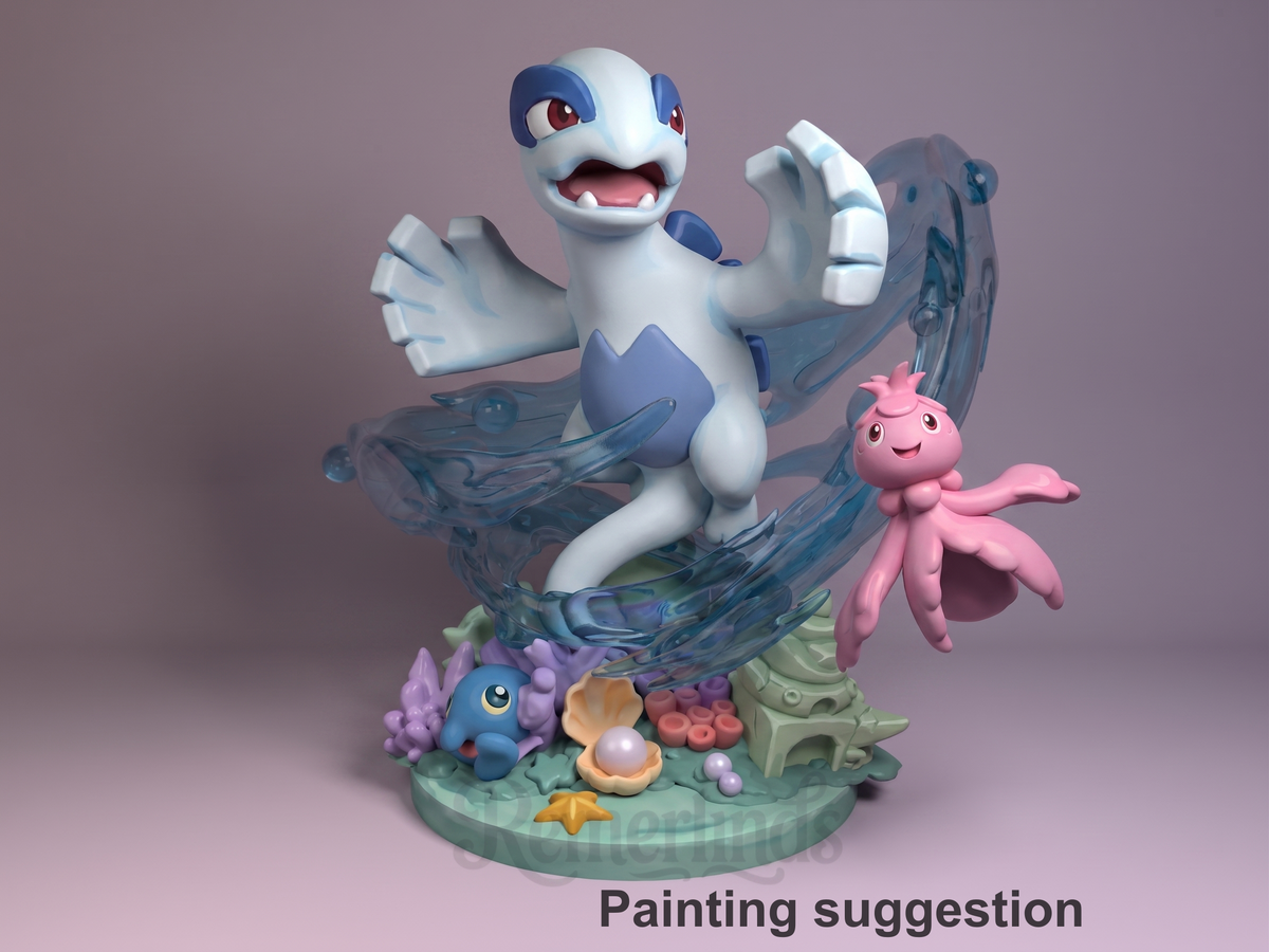 Lugia Pocket Specters 3D printed resin Chibi figure by Nomnom, colored view.