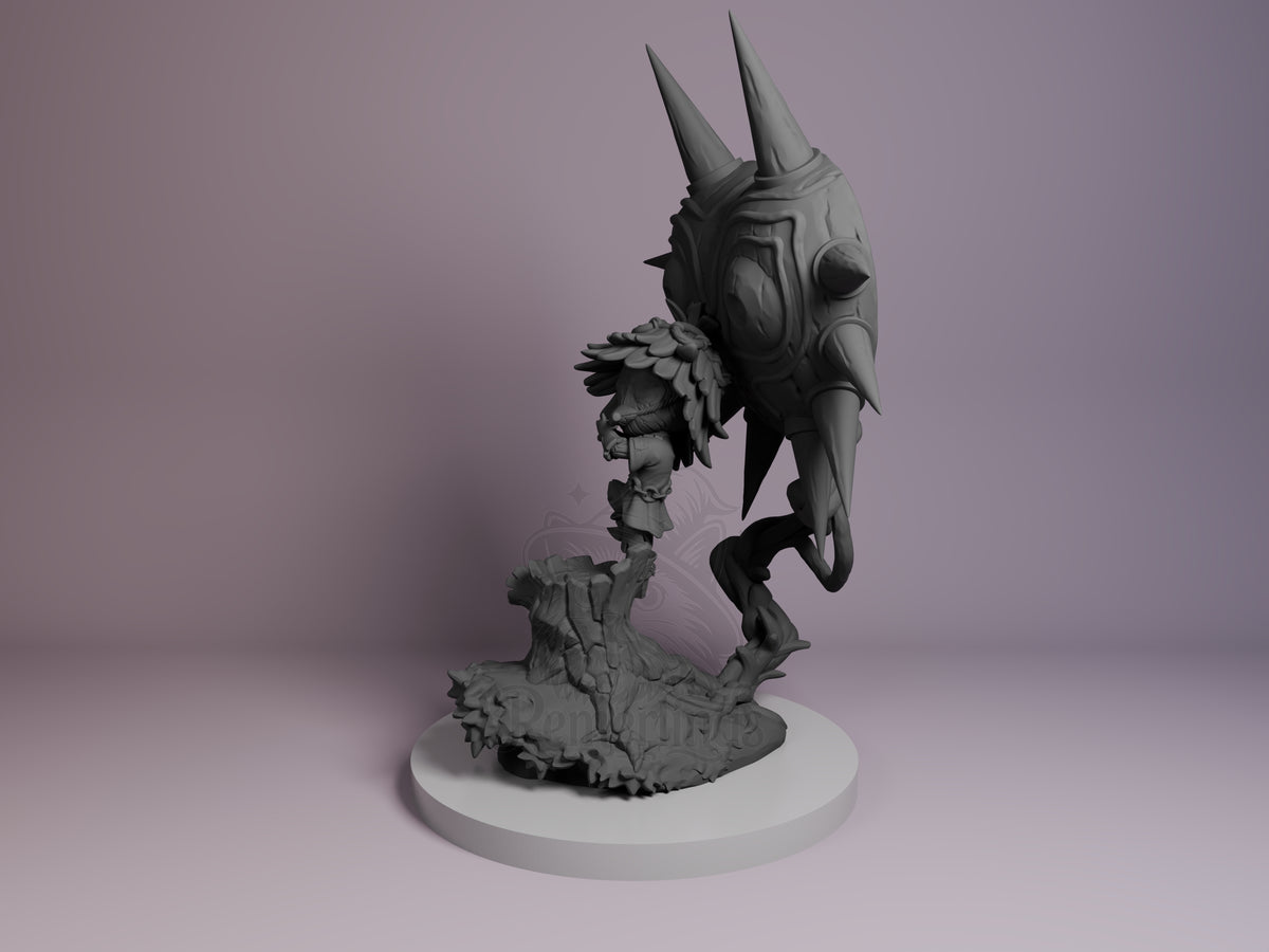 Masked Trickster from Tales of Daelz resin Chibi figure, unpainted at an angle on a sculpted base.