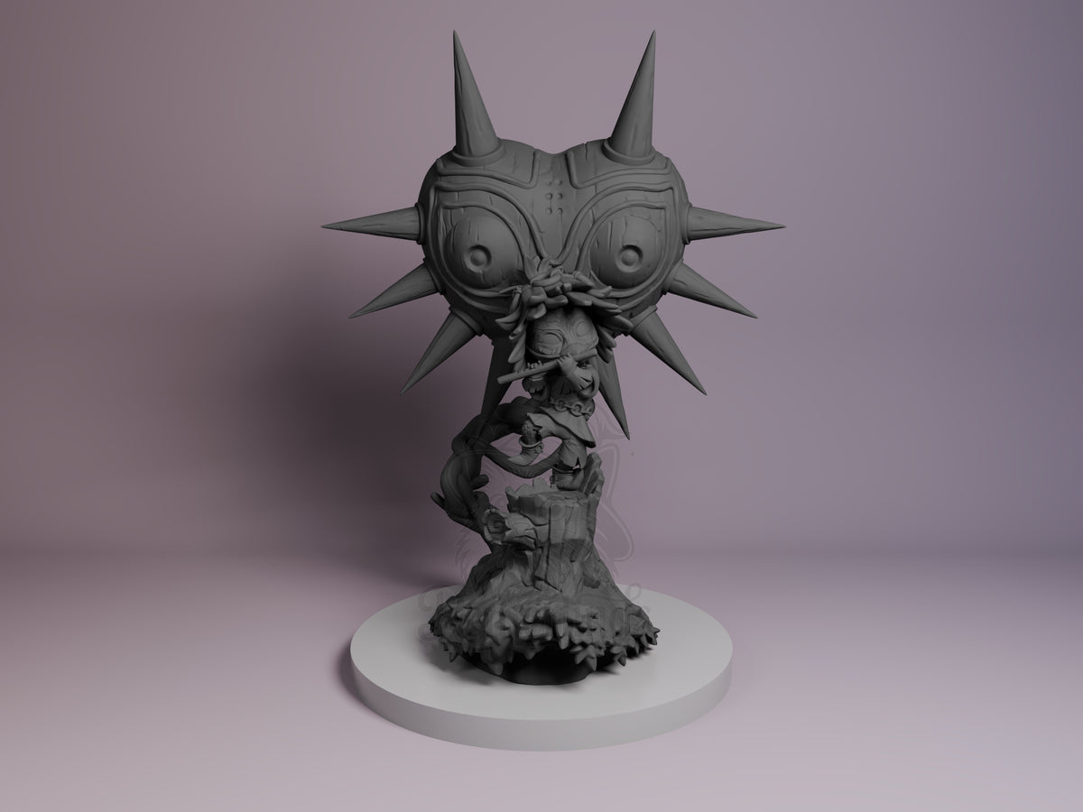 Front view of Masked Trickster from Tales of Daelz, an unpainted resin Chibi figure on a sculpted base.