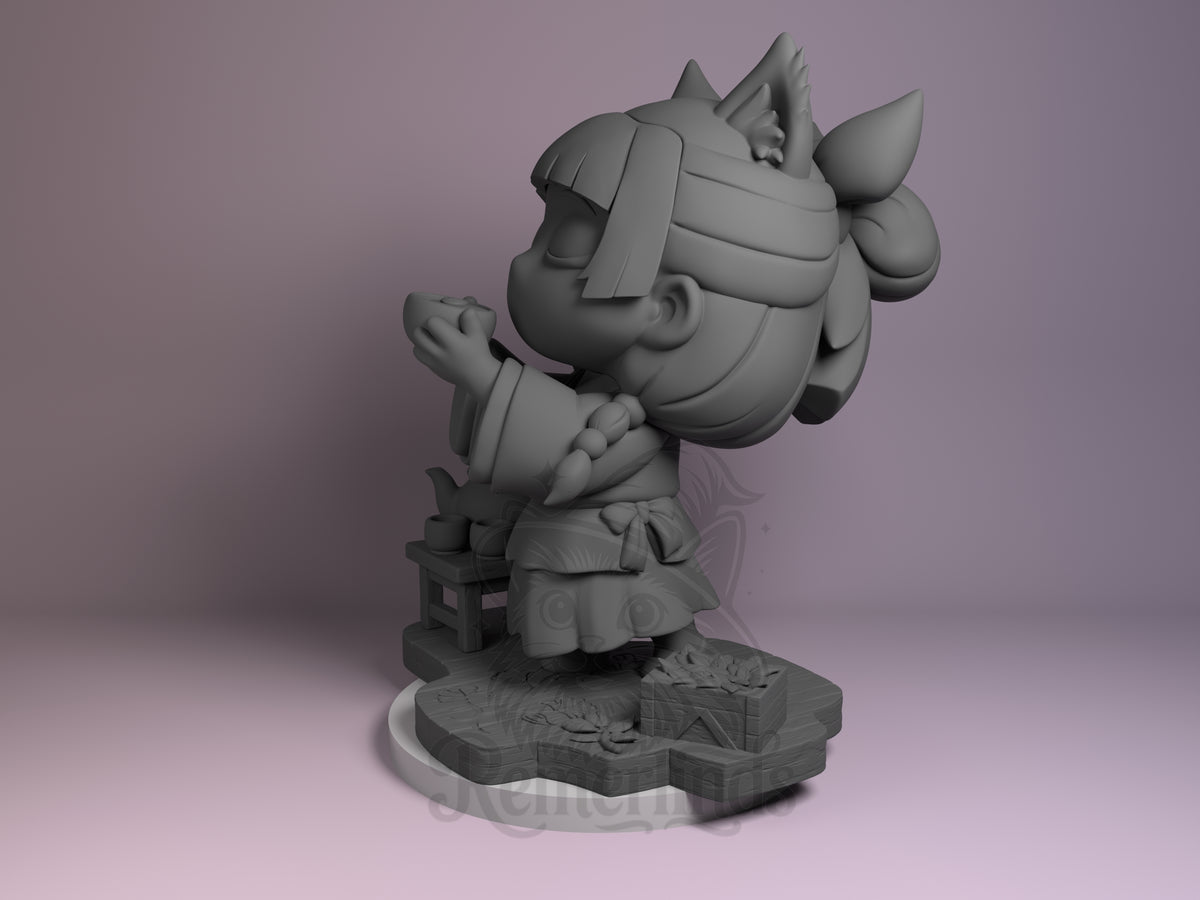 Maomao chibi resin figure from Apothecary Diaries shown at angle, unpainted gray resin, sitting pose with decorative base featuring character details.