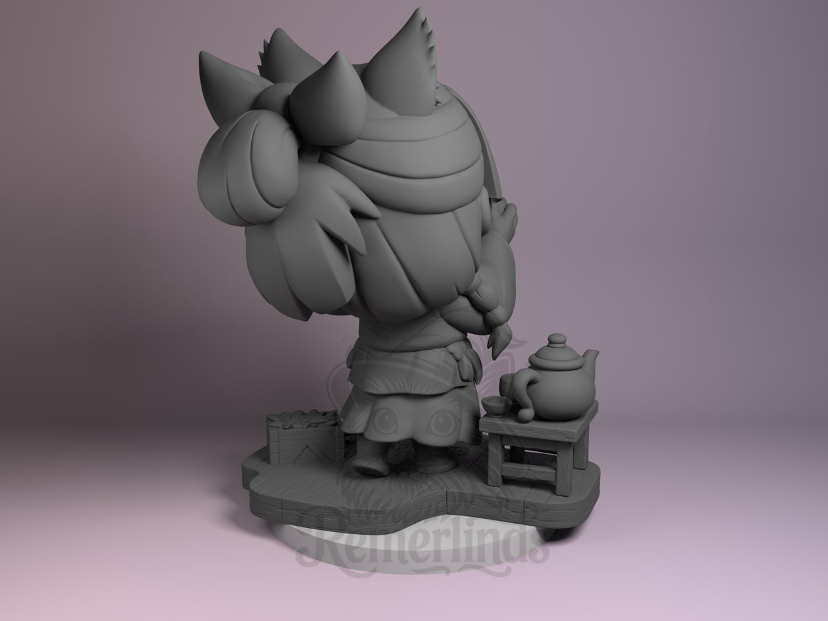 Maomao resin Chibi figure from Apothecary Diaries shown from back, unpainted gray prototype with spiky hair, fluffy outfit, standing beside teapot on wooden base.