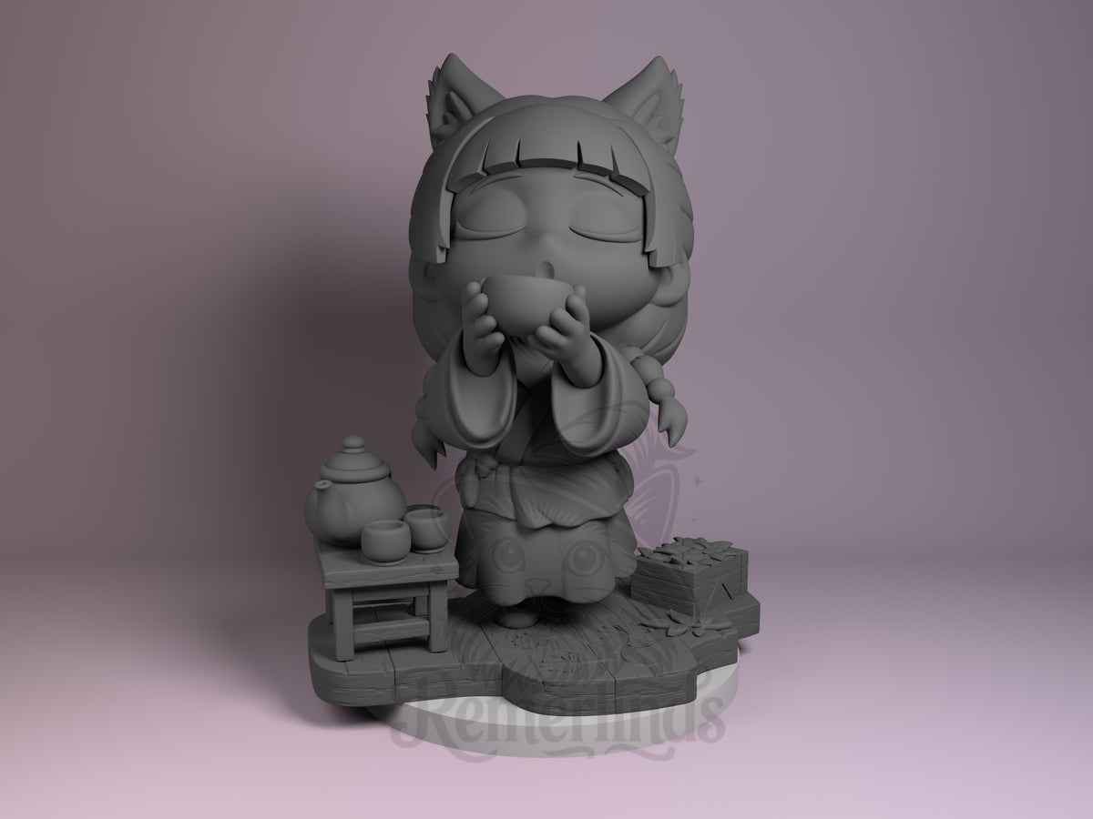 Maomao resin Chibi figure from Apothecary Diaries, unpainted gray, front view with closed eyes and hands to chest, small table and coins on wooden base.