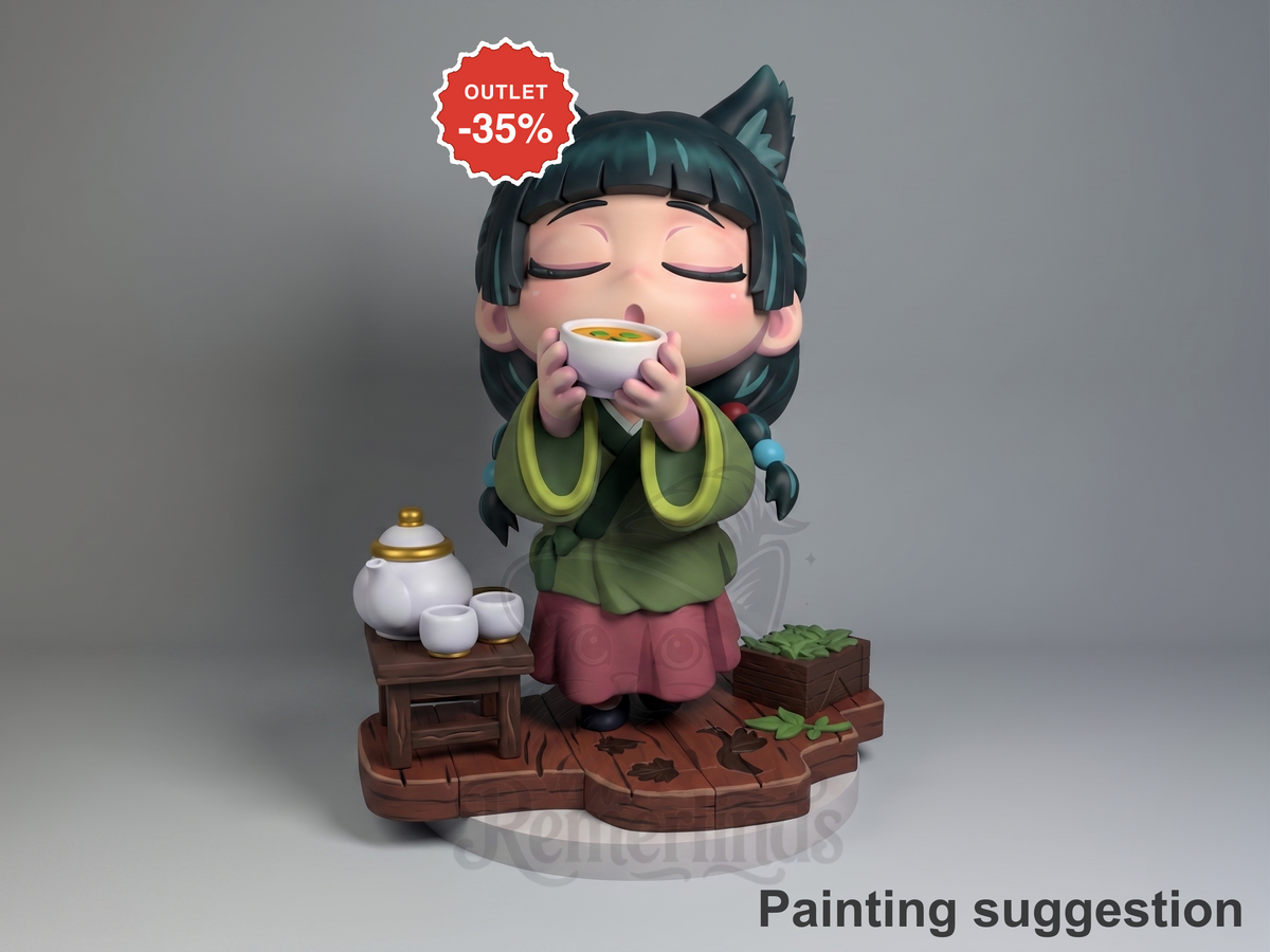 Maomao resin Chibi figure from Apothecary Diaries, painted, sipping tea with eyes closed, cat ears, yellow collar, standing on wooden base with tea set and plants.