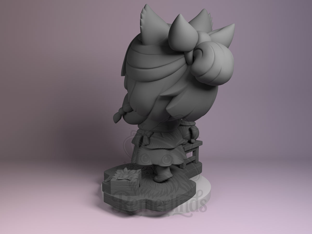 Maomao from Apothecary Diaries resin Chibi figure shown from left side, unpainted gray prototype with pointed ears, round body, detailed robes, and decorative cloud-shaped base.