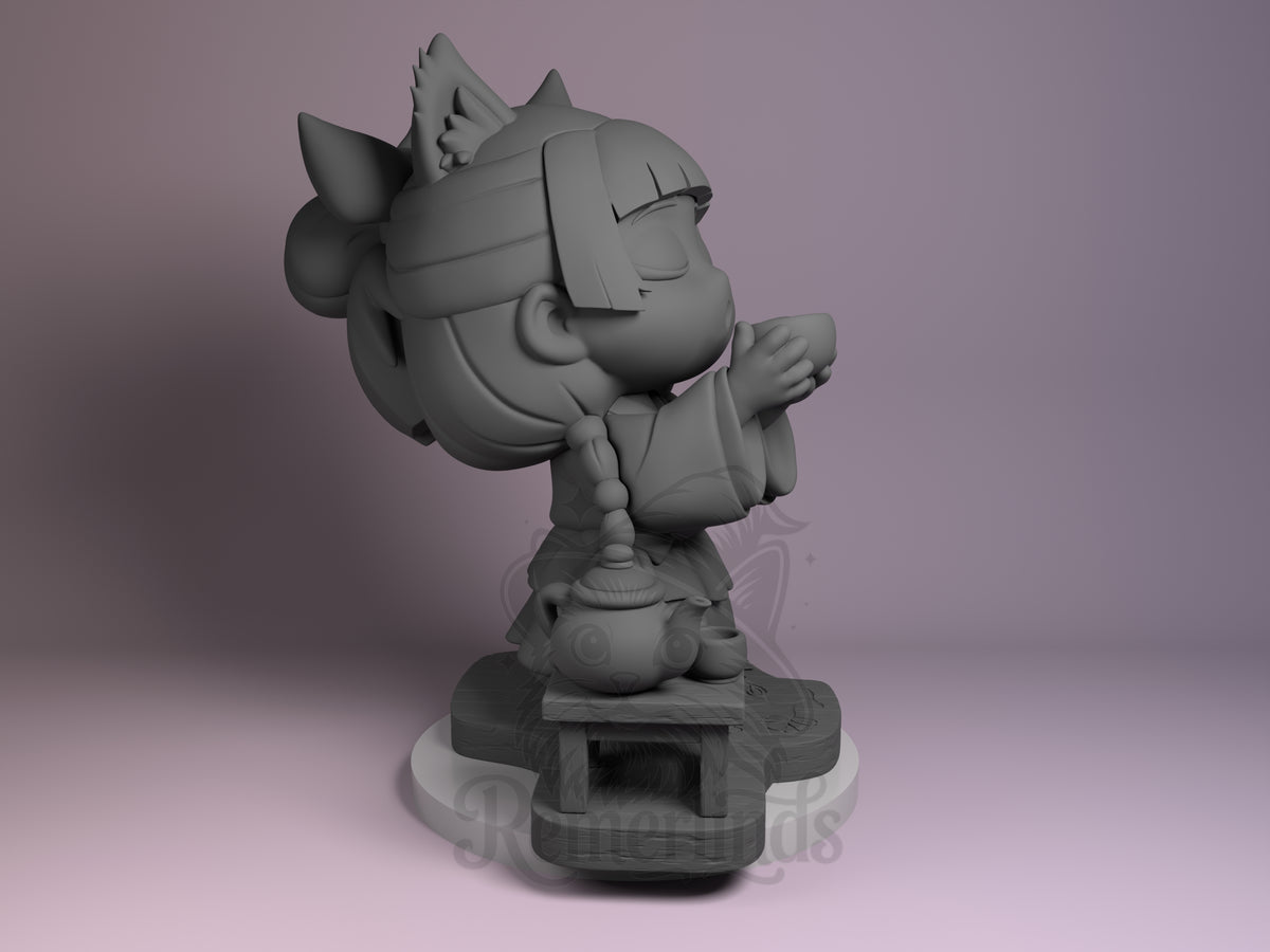 Maomao resin Chibi figure from Apothecary Diaries in grey unpainted form, shown from right side angle standing on decorative base with head tilted back.