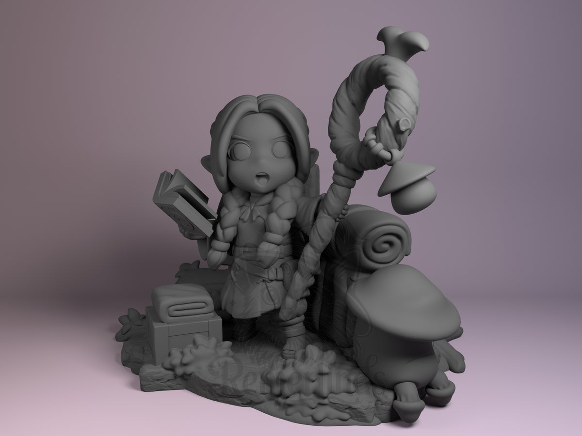 Front view of unpainted Marcille from Delicious in Dungeon resin Chibi figure holding a book and staff on a sculpted base.