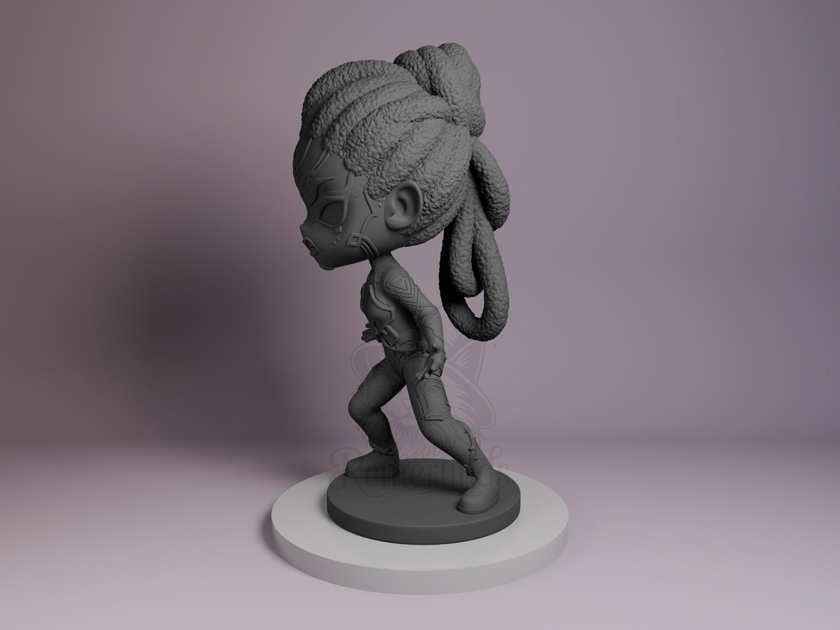 Mel from Arcane resin Chibi figure shown in side profile on white base, featuring detailed sculpted armor and braided hair, unpainted gray finish.