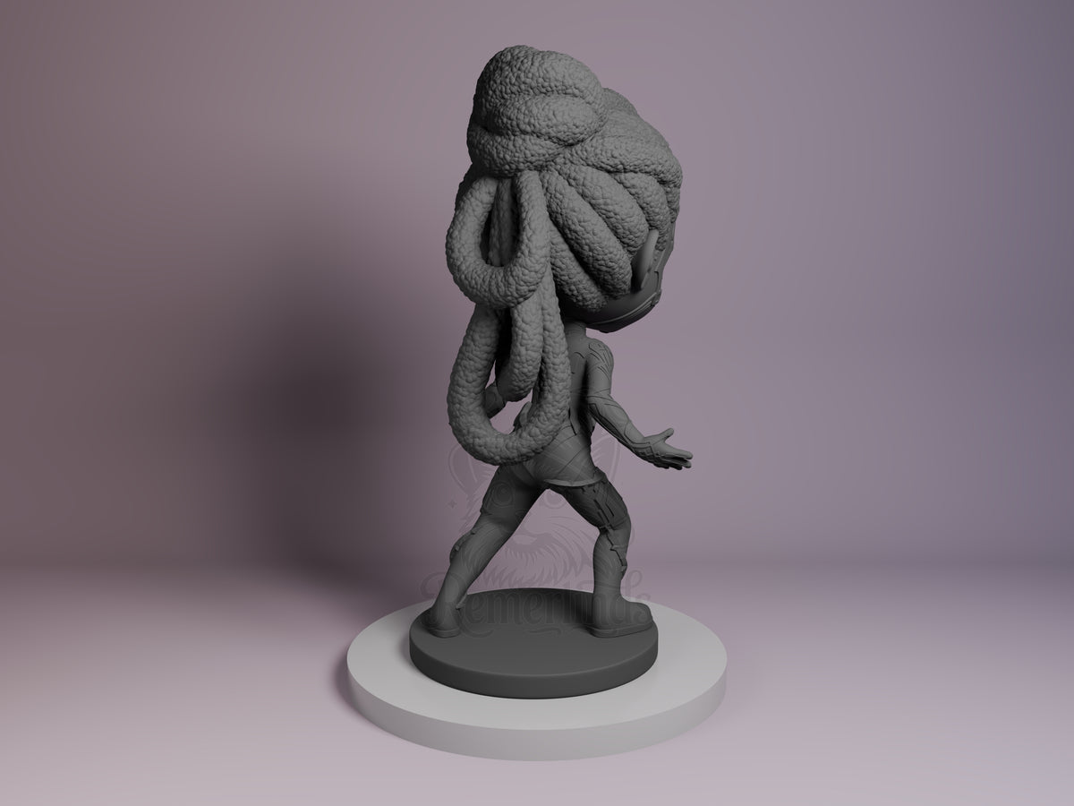 Mel from Arcane resin Chibi figure viewed from behind, showing unpainted gray details, tentacle-like hair, dynamic pose on white base.