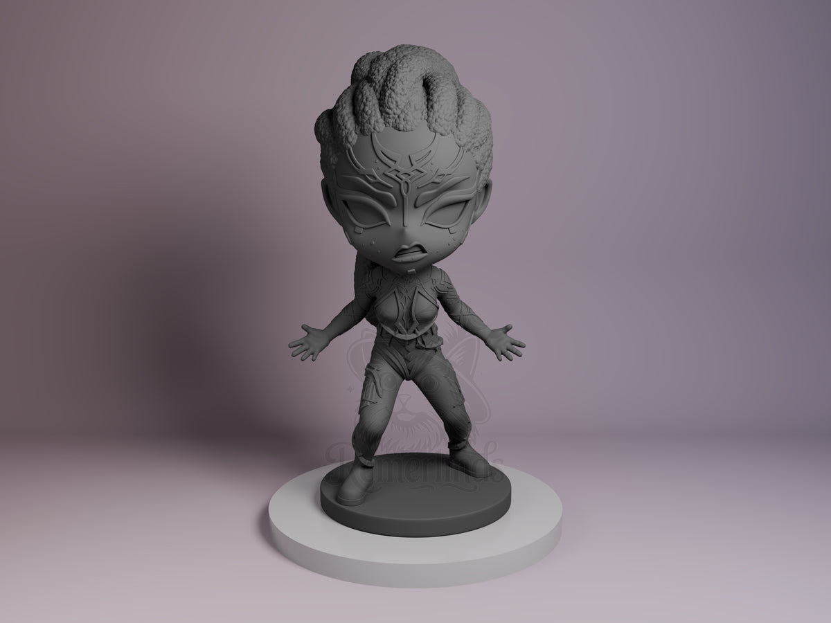 Mel from Arcane as an unpainted resin Chibi figure, front view, standing with arms spread on a white base against a purple background.