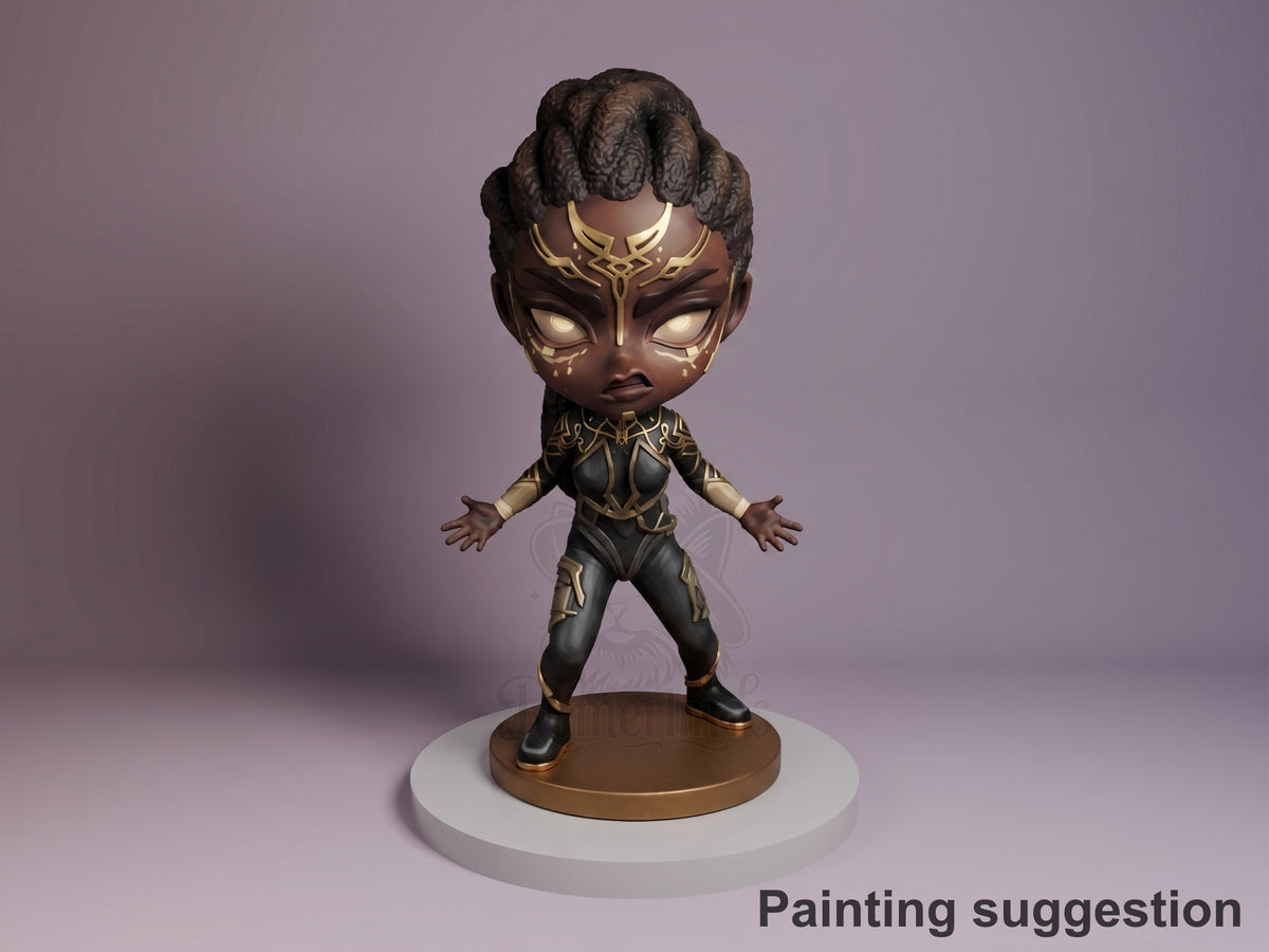Mel League of Legends Arcane resin Chibi figure standing on white base, gold and black painted outfit, arms outstretched, facing forward.