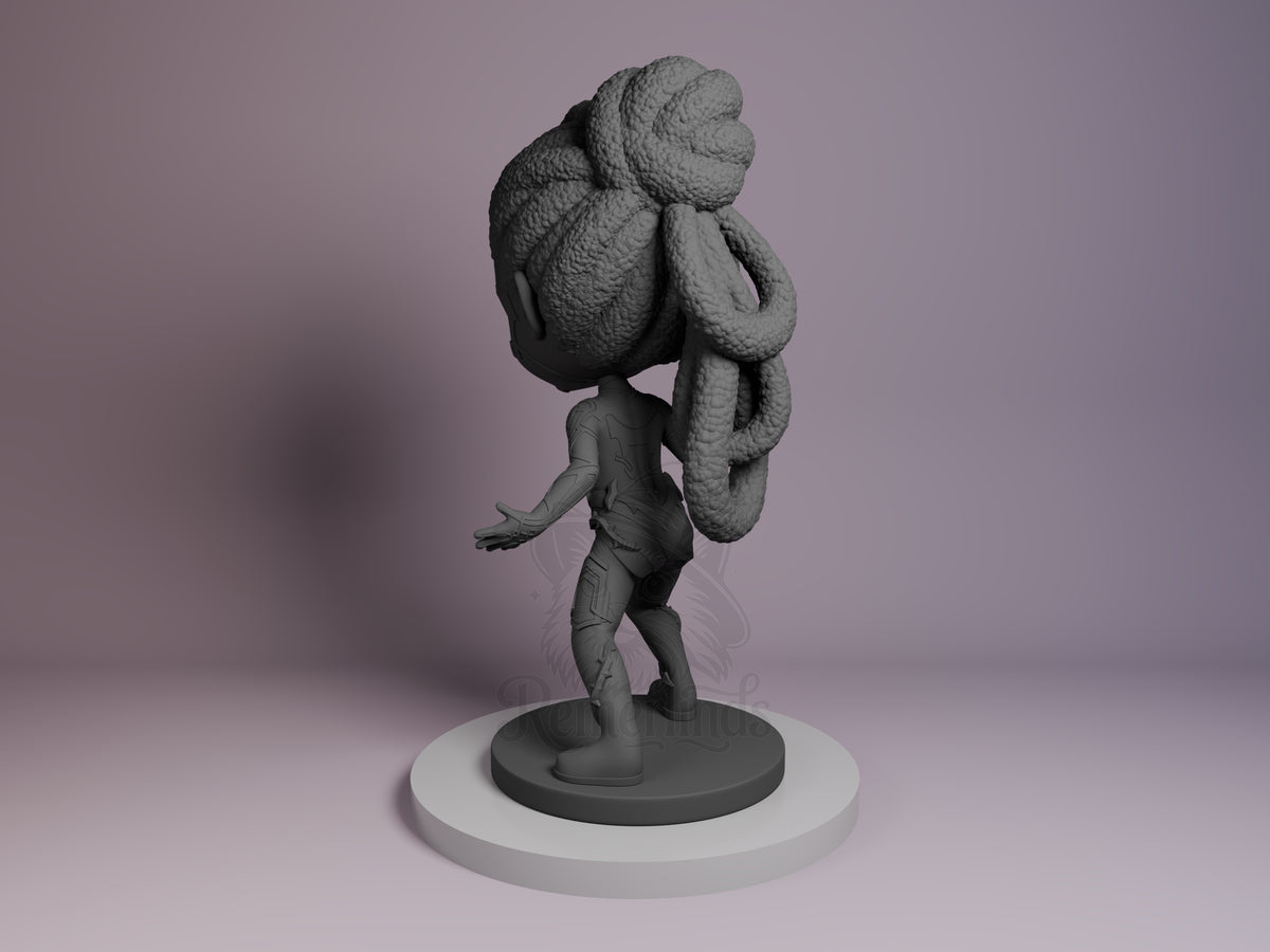 Mel from Arcane resin Chibi figure shown from left angle, unpainted gray, striking dynamic pose carrying large ornate backpack, mounted on white circular base.