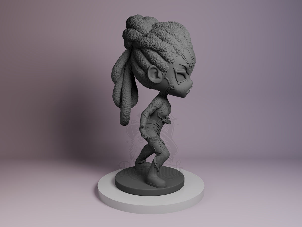 Mel from Arcane resin Chibi figure shown in right profile, featuring her signature braided updo hairstyle and ornate armor details on unpainted gray base.