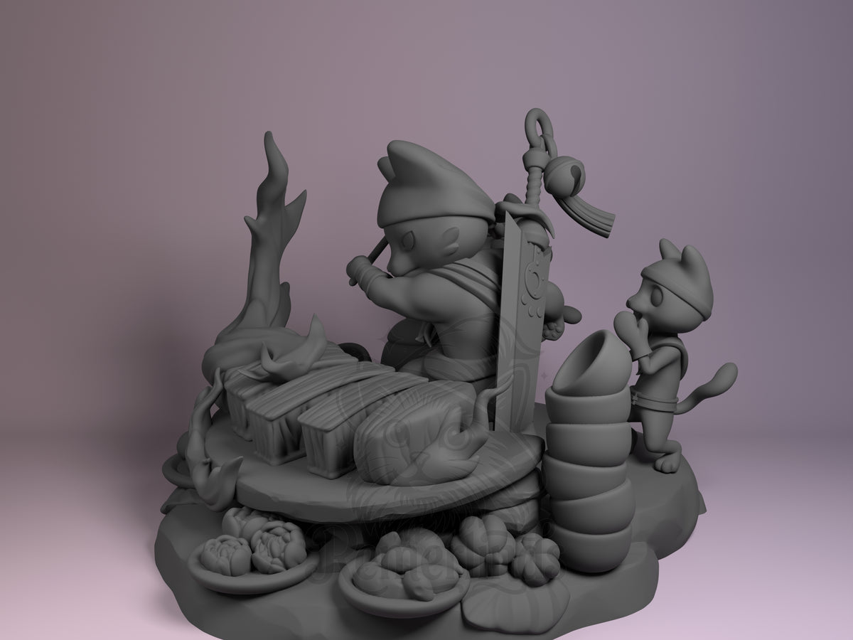 Buff Feline Chef Beast Hunter 3D printed resin figure by Nomnom, angled view showing dimensional details.