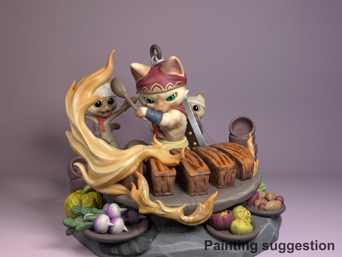 Buff Feline Chef Beast Hunter 3D printed resin figure by Nomnom, colored view.