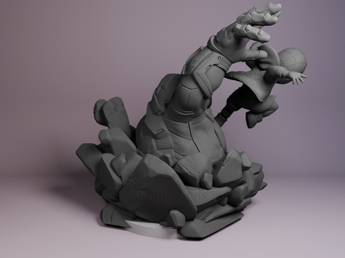 Back view shows the Brooklyn Teen from Spiderman resin Chibi figure in a leaping pose, unpainted on a sculpted rubble base.