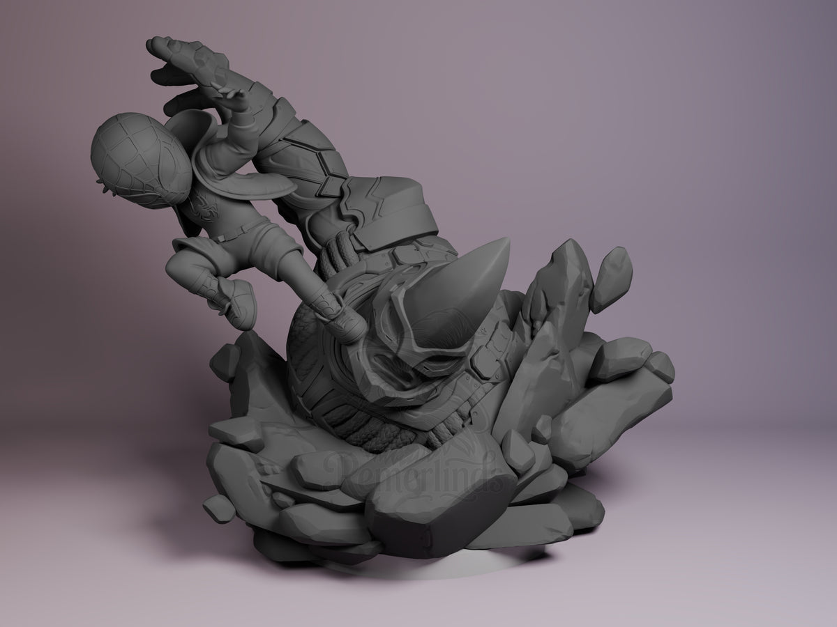 Front view shows Brooklyn Teen from Spiderman leaping as an unpainted resin Chibi figure on rocks.