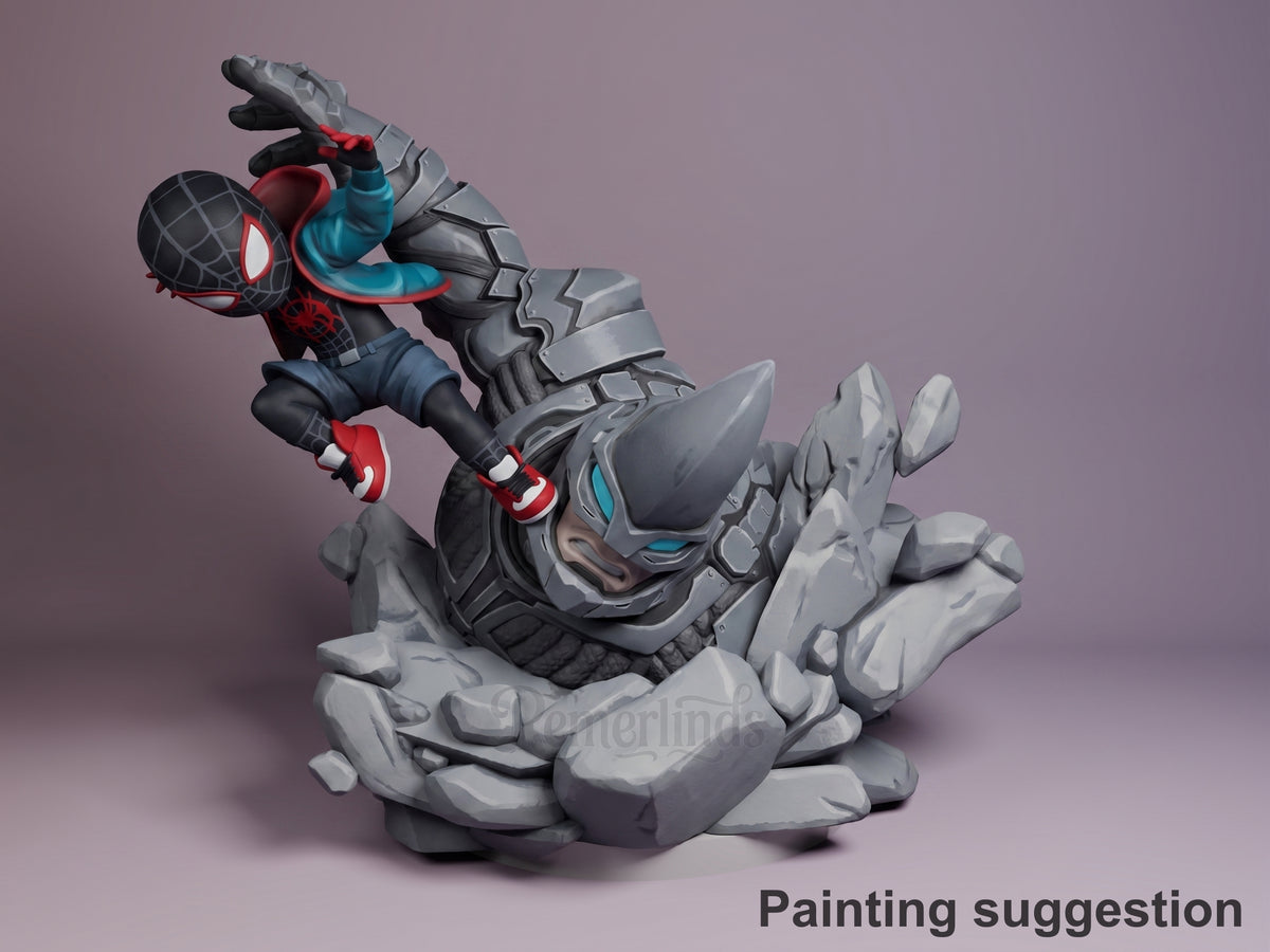 Painted Brooklyn Teen from Spiderman resin Chibi figure leaps over an armored rocky base.