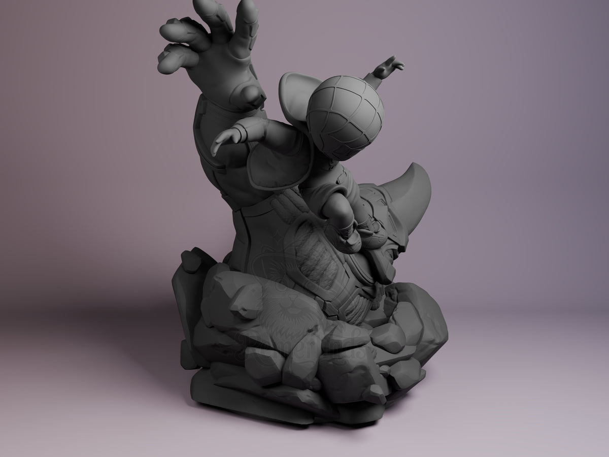 Unpainted Brooklyn Teen from Spiderman is a resin Chibi figure with raised arms on a rocky base.