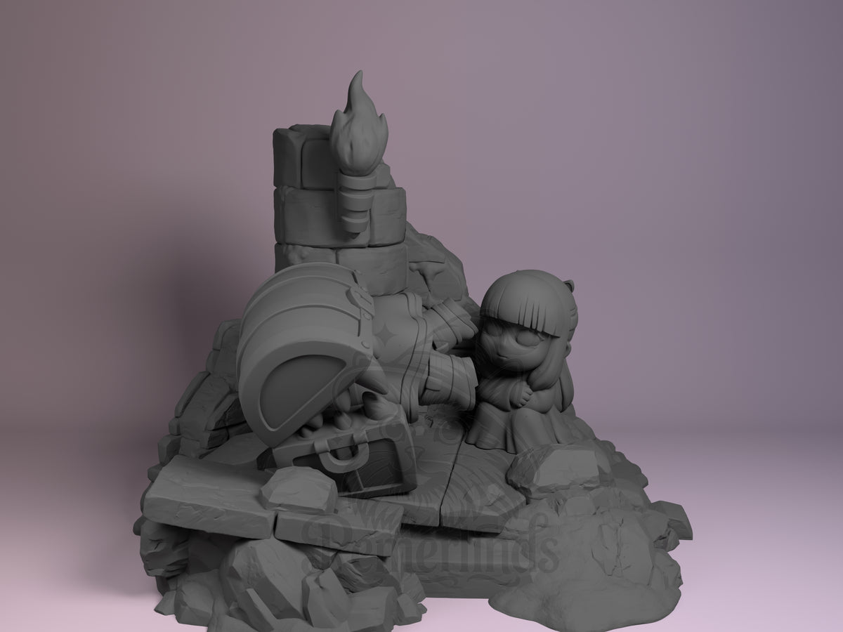 Front view shows unpainted resin Chibi figure Mimic Chest x Frieren on a rocky base from Frieren: Beyond Journey's End.