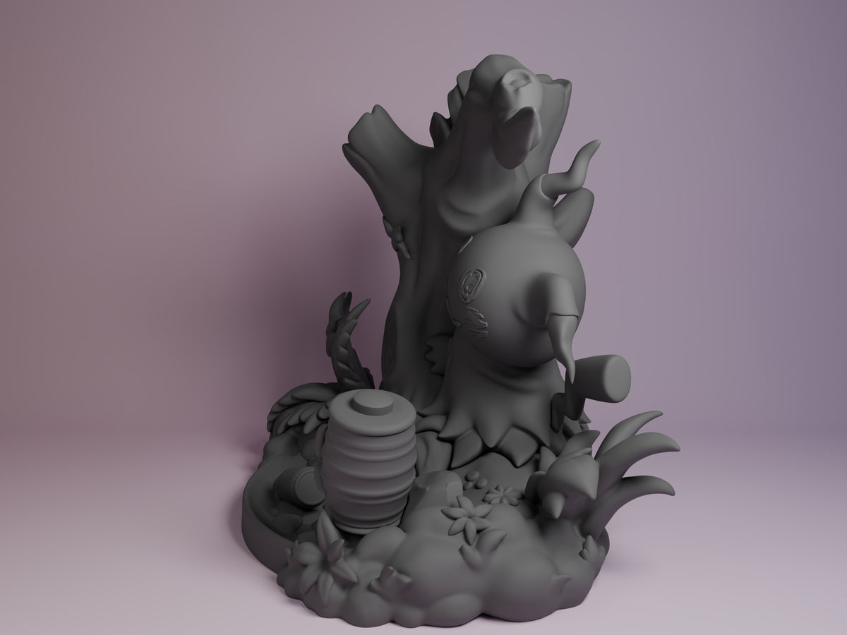 Mimikyu from Pokémon is an unpainted resin Chibi figure shown in side angle, posed beside a tree on a sculpted base.