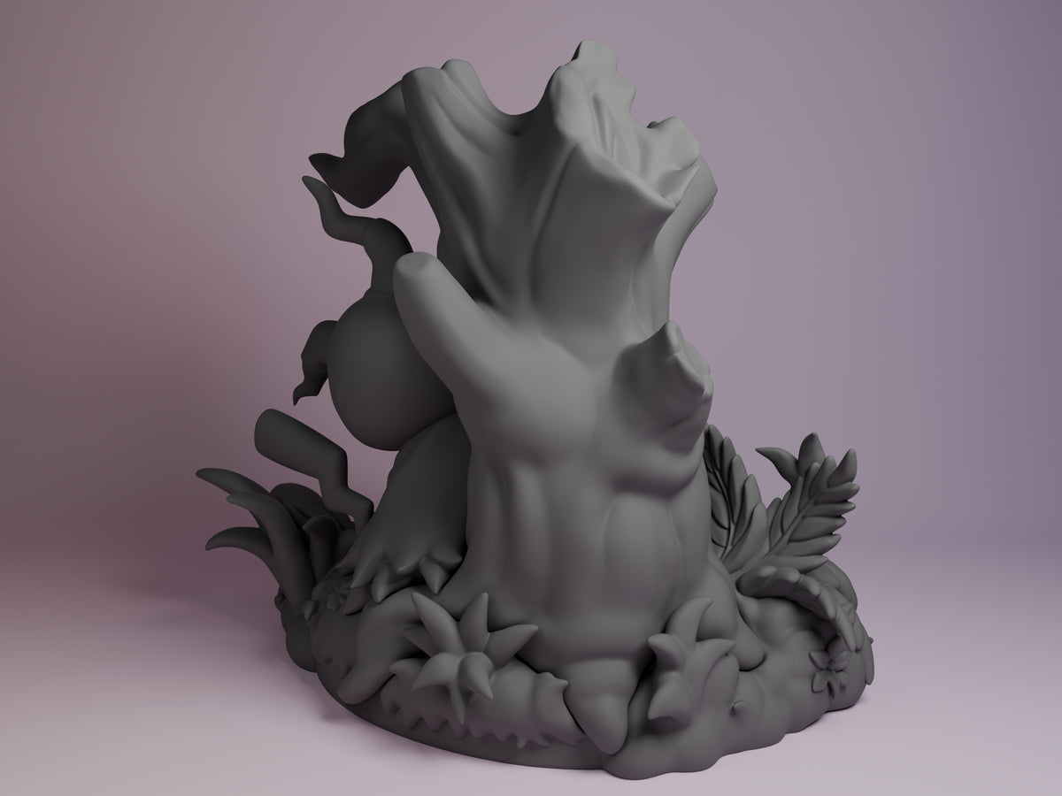 Gray, unpainted back view of Mimikyu resin Chibi figure from Pokémon on a leafy sculpted base.