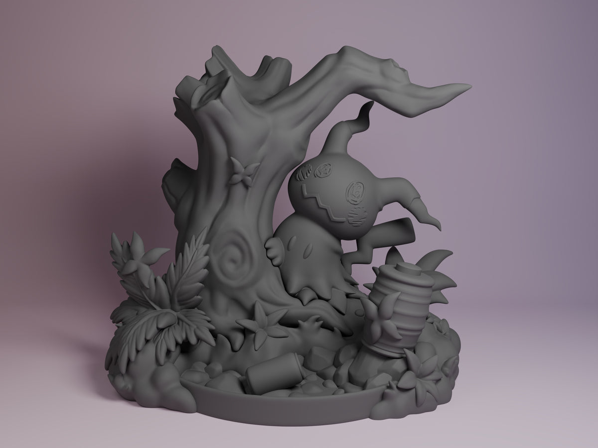 Mimikyu from Pokémon faces forward on sculpted forest base as an unpainted resin Chibi figure.