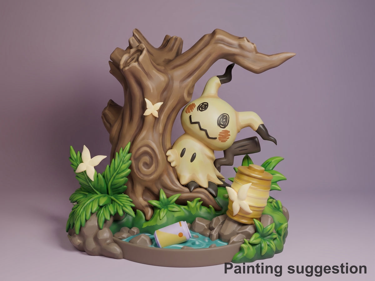 Painted Mimikyu from Pokémon resin Chibi figure sits beside a tree on a sculpted base.