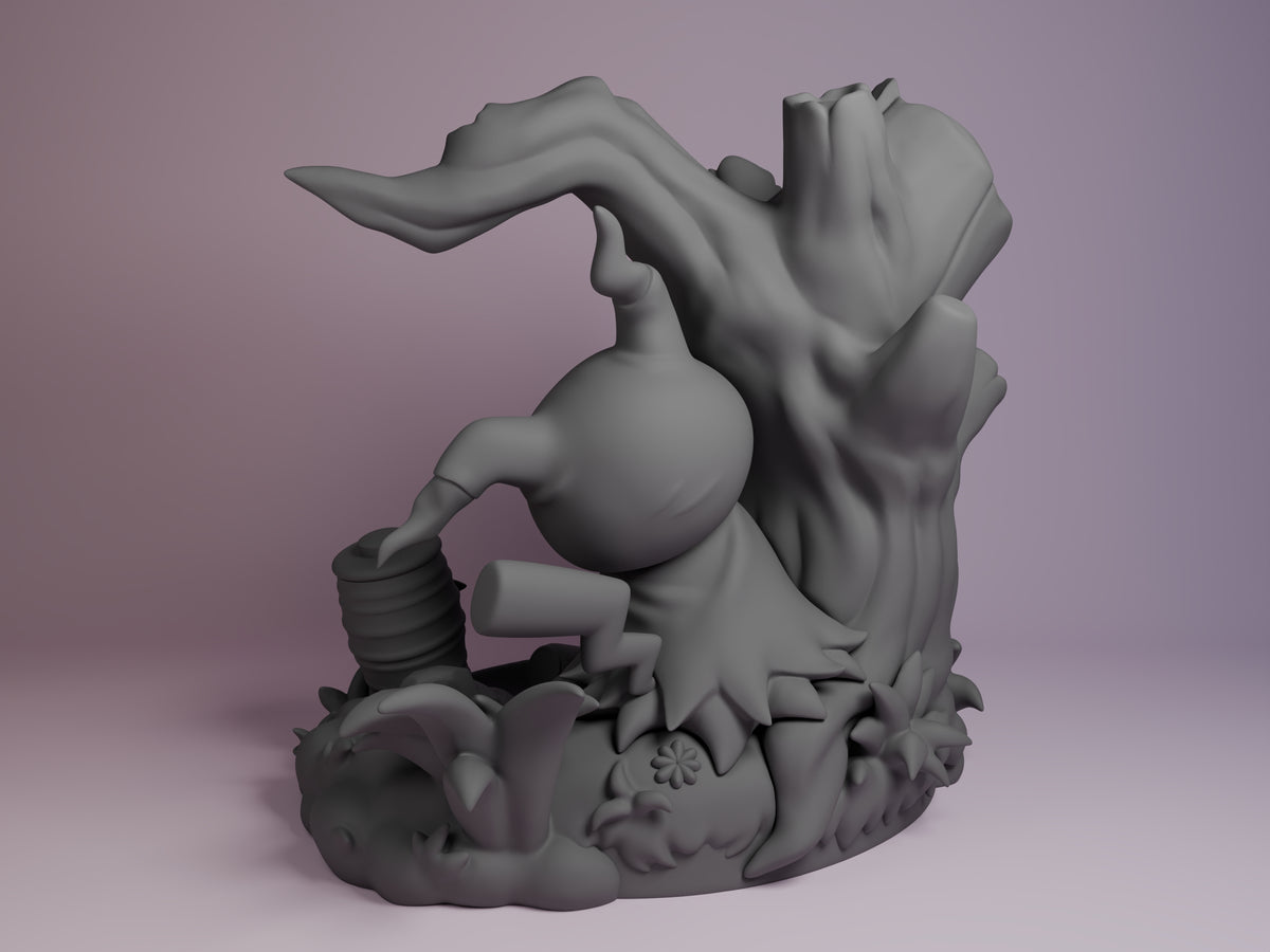 Mimikyu from Pokémon is an unpainted resin Chibi figure viewed from behind on a sculpted base.