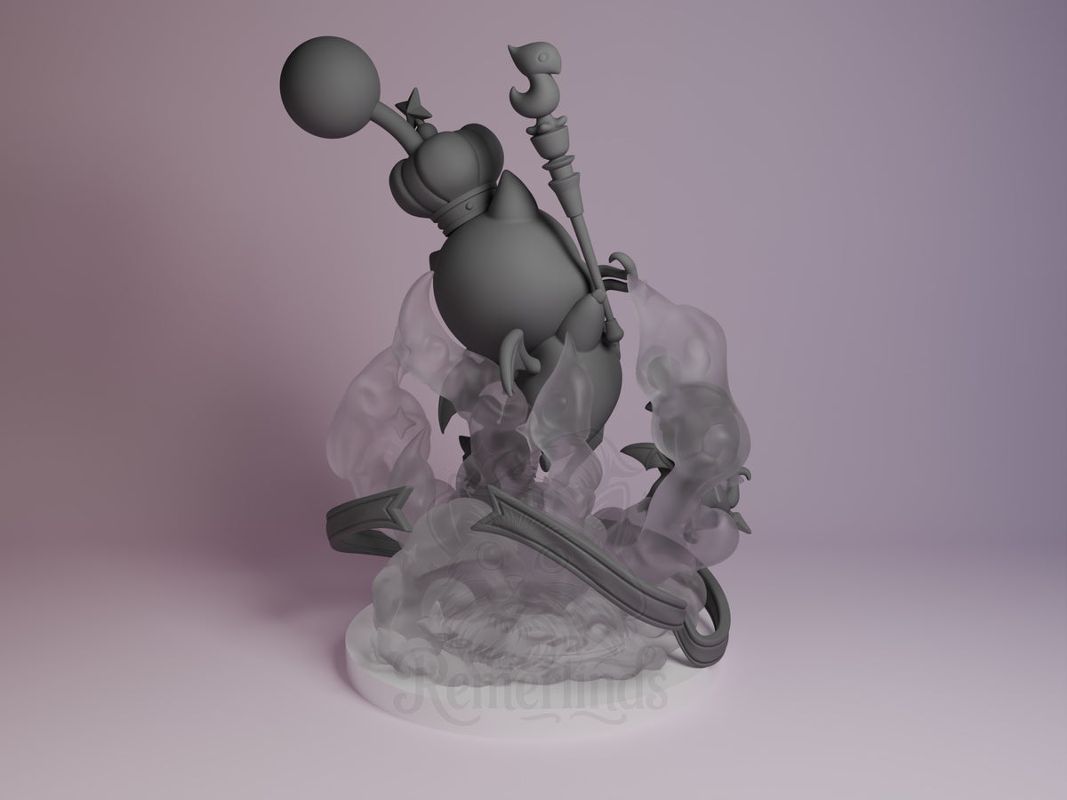 Back view shows Moogle King Mog XII from Final Fantasy, a gray resin Chibi figure on base.