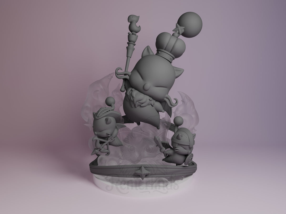 Front-facing unpainted resin Chibi figure of Moogle King Mog XII from Final Fantasy is crowned above figures on a sculpted 3?