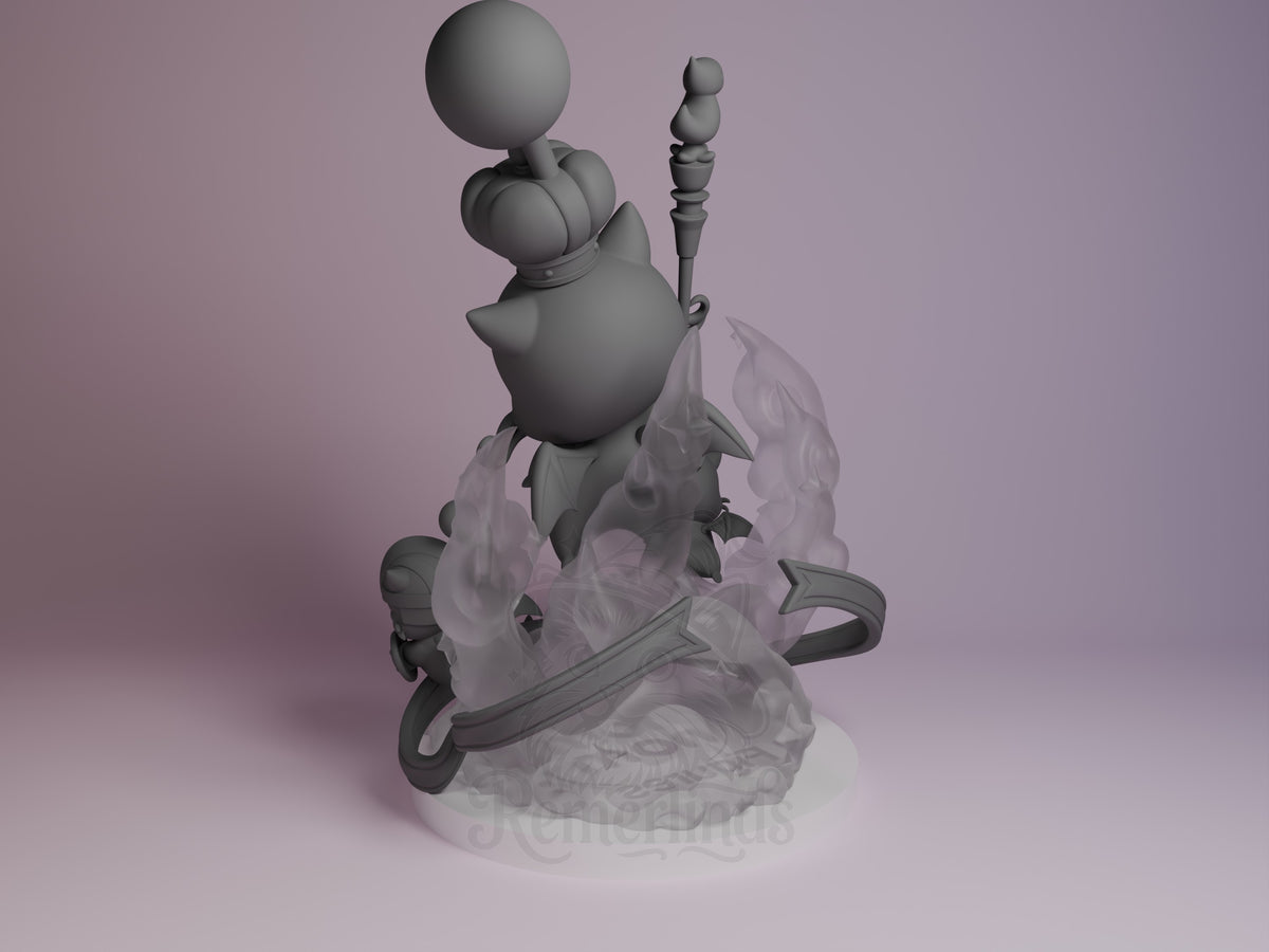 Unpainted Moogle King Mog XII from Final Fantasy resin Chibi figure, left-rear view with crown, staff, and base.