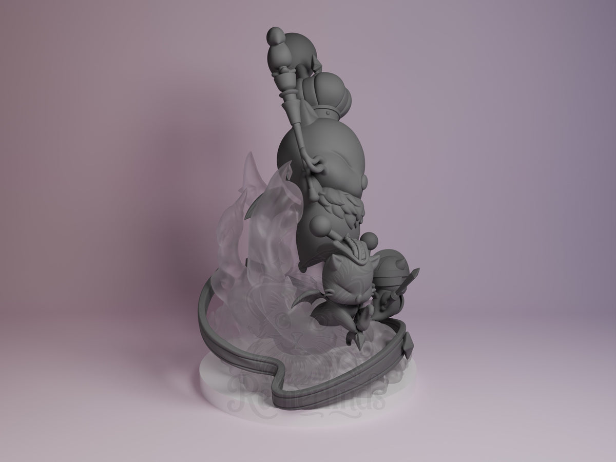 Unpainted resin Chibi figure of Moogle King Mog XII from Final Fantasy, shown from the right rear on a sculpted base.